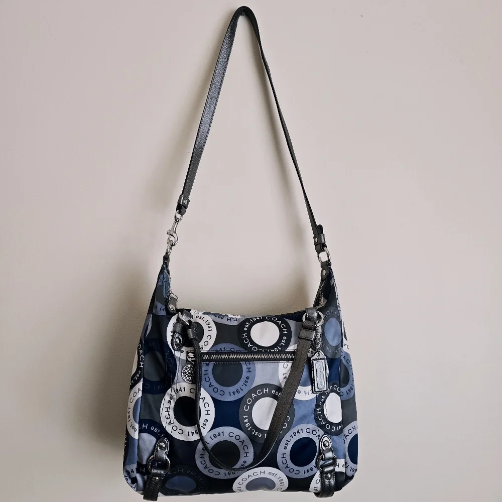 COACH F17582 Alexandra Grey Blue Sateen Snaphead Print 3 Way Shoulder Bag - Picture 2 of 15